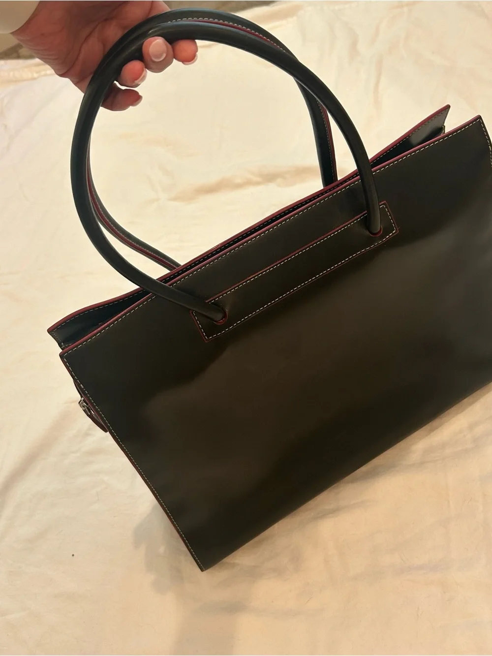 Lodis Audrey Black Leather Laptop Tote Bag Red Trim White Stitching